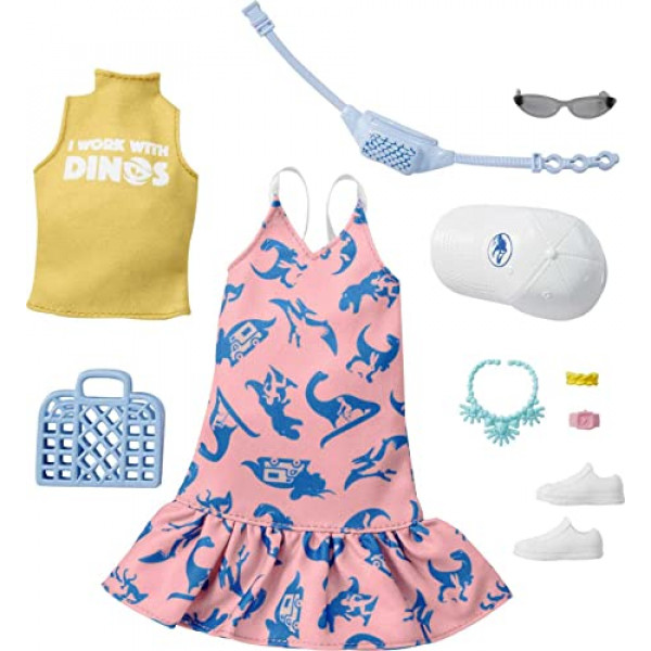 Barbie Fashions Storytelling Fashion Pack - Vestido rosa con dinosaurio, camisa amarilla - Inspirado en la popular marca Roxy, look completo con atuendo y accesorios, regalo para niños de 3 a 8 años