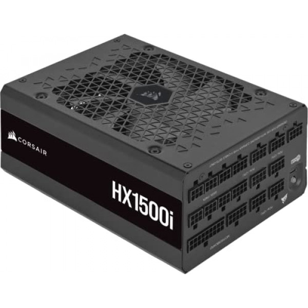 Corsair HX1500i, Serie HXi, 80 PLUS Platinum Fuente de alimentación digital ATX de ruido ultrabajo totalmente modular (conectores triples EPS12V, ventilador de cojinete dinámico fluido de 140 mm, modo de ventilador de cero RPM) negro