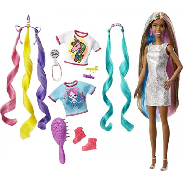 Muñeca Barbie Fantasy Hair, morena, con 2 coronas decoradas, 2 blusas y accesorios para looks de sirena y unicornio, además de piezas de peinado, para niños de 3 a 7 años