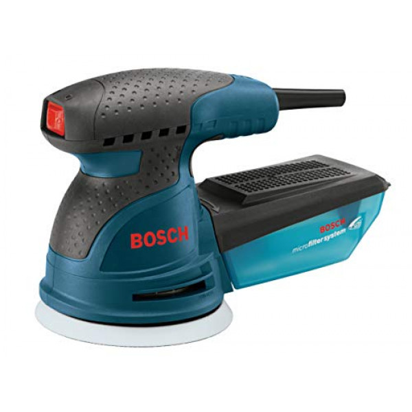 BOSCH ROS20VSK Palm Sander 2.5 Amp 5 in. Kit de lijadora/pulidora orbital aleatoria de velocidad variable con cable con colector de polvo y estuche rígido de transporte