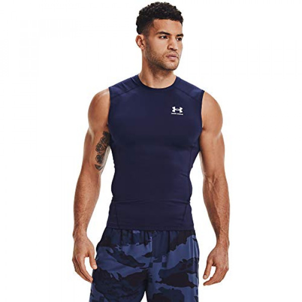 Under Armour Camiseta sin mangas de compresión Armour Heatgear para hombre, azul marino medianoche (410)/blanco, talla mediana