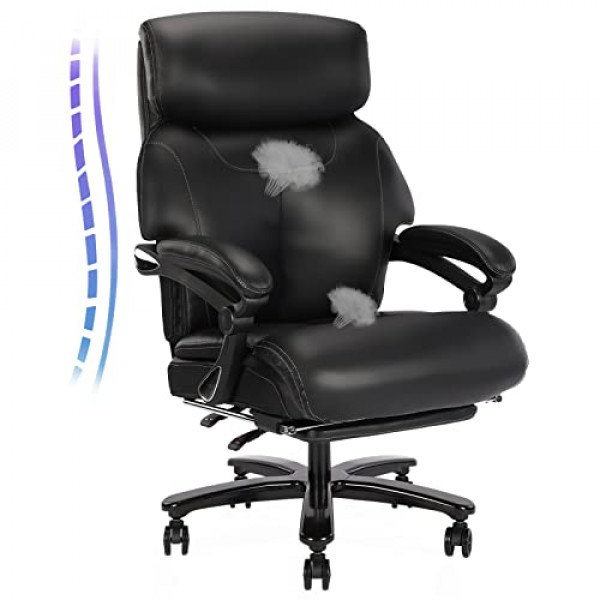 BOSMILLER Silla de oficina grande y alta de 400 lb para personas pesadas con cojín de asiento de espuma viscoelástica doble acolchado Silla de oficina ejecutiva de cuero con soporte lumbar y reposapiés ajustable para el trabajo en el hogar