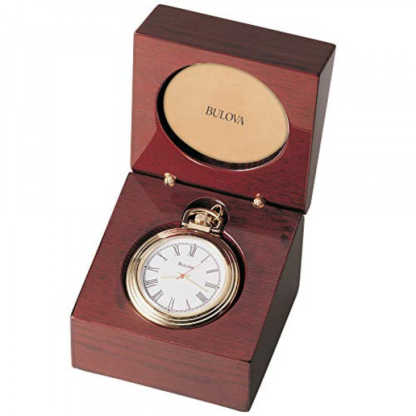 Reloj de bolsillo Bulova B2662 Ashton, acabado en tono dorado/caja de manchas de caoba