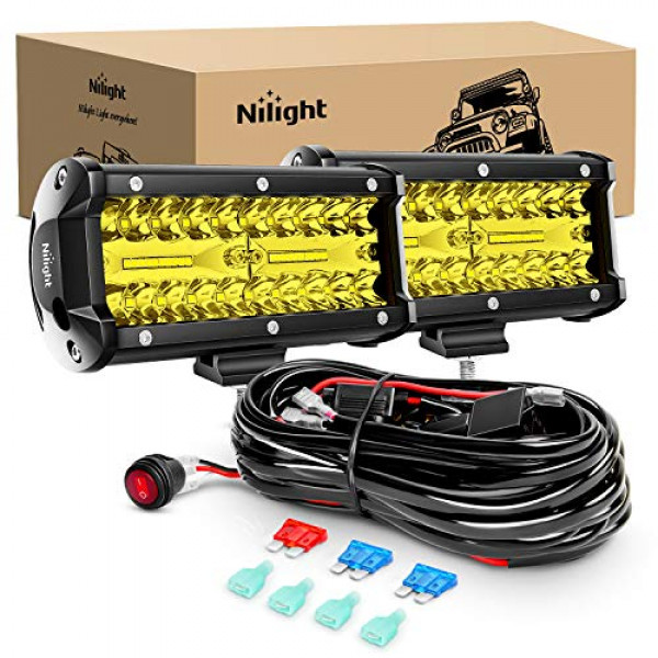 Barra de luz LED Nilight, 2 unidades, 6,5 pulgadas, ámbar, 120 W, combo de inundación puntual, 12000 lm, luces antiniebla de tres filas impermeables, luces LED todoterreno con kit de arnés de cableado de 16 AWG, 2 cables, 2 años de garantía