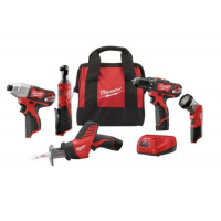 Kit combinado inalámbrico de iones de litio de 12 voltios Milwaukee M12 (5 herramientas) con dos baterías de 1,5 Ah, cargador y bolsa de herramientas