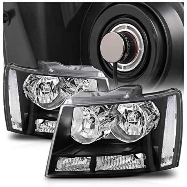 M-AUTO Conjunto de faros delanteros negros estilo fábrica con 4 BOMBILLAS LED 6000K PREMONTADAS Compatible con Chevy Tahoe Suburban 1500 07-14 / 07 08 09 10 11 12 13 Avalanche Suburban 2500