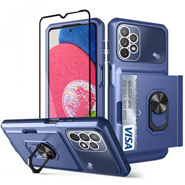 Guzhthi - Carcasa para Samsung Galaxy A23 5G con protector de pantalla de cristal templado, carcasa trasera rígida con tarjetero y función atril, funda para cámara para Samsung A23 4G - Qj azul