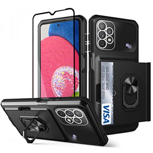 Guzhthi - Carcasa para Samsung Galaxy A23 5G con tarjetero, Samsung A23 con protector de pantalla de cristal, híbrida con funda para cámara y función atril para Samsung A23 5G, color negro Qj