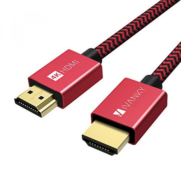 IVANKY Cable HDMI 4K de 10 pies, cable HDMI 2.0 de alta velocidad de 18 Gbps, 4K HDR, 3D, 2160P, 1080P, Ethernet - Cable HDMI trenzado 32AWG, retorno de audio (ARC) compatible con UHD TV, Blu-ray, PS4, PC, proyector - Rojo