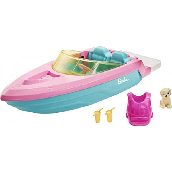 Barbie Boat con cachorro y accesorios temáticos, se adapta a 3 muñecas, flota en el agua, gran regalo para niños de 3 a 7 años