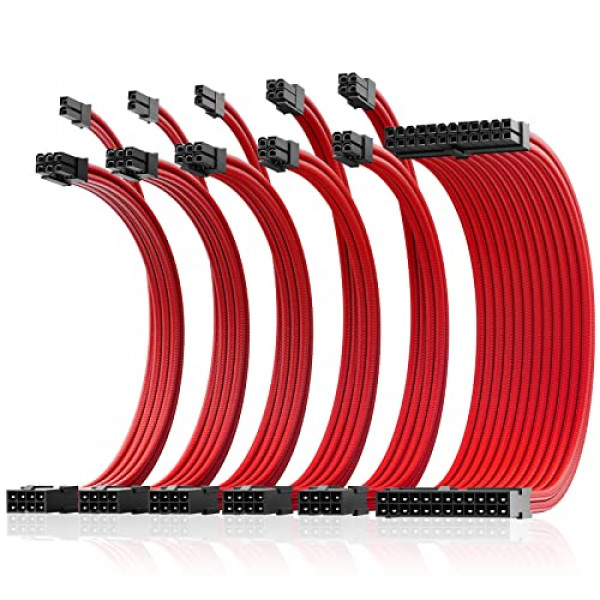 ASIAHORSE Cable de fuente de alimentación con funda, 16 AWG Cables de fuente de alimentación Cables de extensión de fuentes de alimentación internas 1x24 pines/2x4+4 EPS/3x6+2 PCI-E, 30 cm de longitud con peine (Doble EPS rojo)