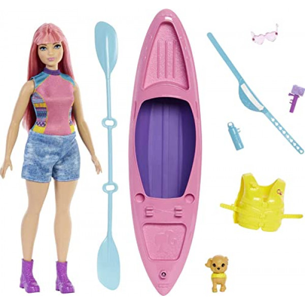 Barbie It Takes Two Camping Playset con Daisy Doll (Curvy with Pink Hair, 11.5 in), Pet Puppy, Kayak y accesorios para acampar, regalo para niños de 3 a 7 años