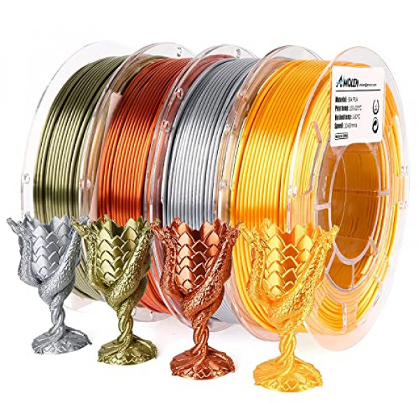 Filamento de impresora 3D AMOLEN PLA, filamento PLA de 1,75 mm, paquete de filamentos de seda, oro, plata, bronce, cobre rojo, paquete de filamentos de impresión 3D, 200 gX 4 bobinas