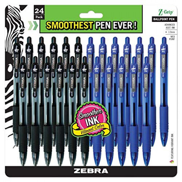 ZEBRA, paquete a granel de 24 bolígrafos de tinta, bolígrafos retráctiles Z-Grip, punta media de 1,0 mm, paquete combinado de 12 bolígrafos negros y 12 azules