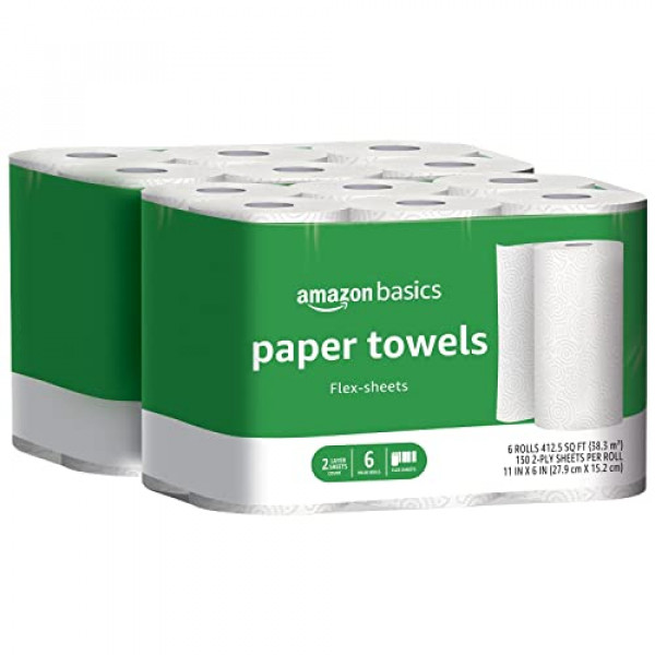 Amazon Basics Toallas de papel de 2 capas, hojas flexibles, 6 rollos (paquete de 2), 12 rollos de valor en total (anteriormente Solimo)