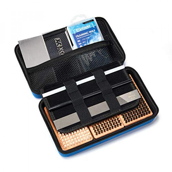 XCMAN Ski Snowboard Kit de encerado y ajuste con caja de cepillo de cera para viajes y almacenamiento (caja rígida con herramientas de ajuste) Blue Box