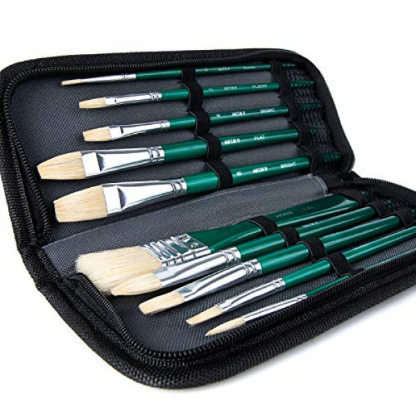ARTIFY Juego de pinceles de pintura de 10 piezas, serie intermedia, incluye un estuche de transporte, pinceles de cerdas de cerdo premium para acrílico y pintura al óleo (verde - cerdas de cerdo)