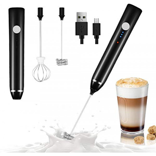 Espumador de leche de mano, Dallfoll USB recargable eléctrico de espuma para café, 3 velocidades Mini mezclador de espuma de leche con 2 batidores para café a prueba de balas Frappe Latte Cappuccino Chocolate caliente