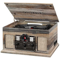 Victrola Nostalgic 6 en 1 reproductor de discos Bluetooth y centro multimedia con altavoces integrados - Tocadiscos de 3 velocidades, reproductor de CD y casete, radio AM/FM | Transmisión inalámbrica de música | Granja Shiplap Gris