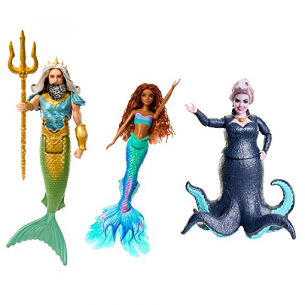 Disney Princess de Mattel The Little Mermaid Ariel, King Triton y Ursula Dolls, juego de 3 muñecas de moda en trajes exclusivos, juguetes inspirados en la película