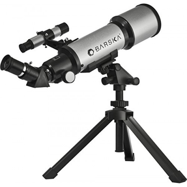 Telescopio refractor BARSKA Starwatcher de 400x70 mm con trípode de mesa y estuche de transporte