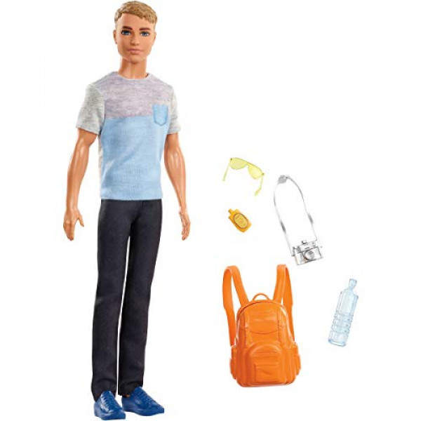 Barbie Travel Ken Doll, Dark Blonde, con 5 accesorios, incluida una cámara y una mochila, para niños de 3 a 7 años