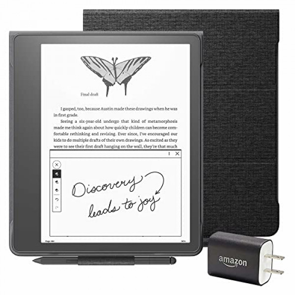 Paquete Kindle Scribe Essentials que incluye Kindle Scribe (32 GB), bolígrafo Premium, cubierta tipo libro de tela con fijación magnética - Negro y adaptador de corriente