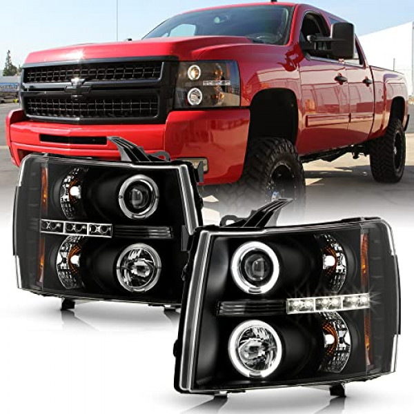 ACANII - Para 2007-2013 Chevy Silverado 1500 2500 3500 Negro LED Halo Proyector Faros delanteros Conjunto de faros izquierdo + derecho
