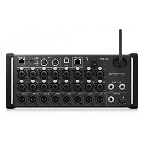 Mezclador digital Midas de 18 entradas para tabletas iPad/Android con 16 preamplificadores MIDAS PRO, módulo WiFi integrado e interfaz de audio USB multicanal (MR18)