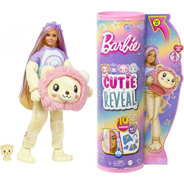 Muñeca Barbie Cutie Reveal con pelo rubio y disfraz de león de peluche, 10 sorpresas incluyen accesorios y mascota (los estilos pueden variar)