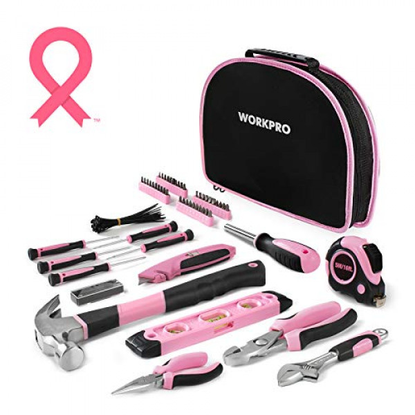 WORKPRO Kit de herramientas rosa - Juego de herramientas de mano con bolsa redonda fácil de transportar - Herramientas duraderas con acabado cromado - Kit de herramientas para el hogar perfecto para bricolaje, mantenimiento del hogar - Cinta rosa