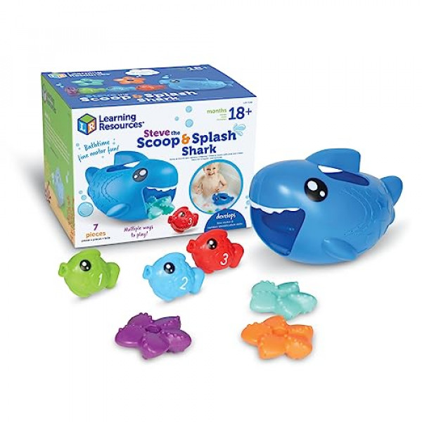 Recursos de aprendizaje Steve The Scoop & Splash Shark, 7 piezas, a partir de 18 meses, juguetes de aprendizaje para niños pequeños, juguetes para bebés, bañera para niños pequeños, juguetes de piscina, juguetes de agua