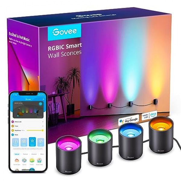 Govee RGBIC Smart Wall Sconces, Music Sync Home Decor WiFi Wall Lights Work with Alexa, Multicolor Wall Led Light para fiesta y decoración, 30+ Dynamic Scene Indoor Light Fixture para sala de estar, dormitorio