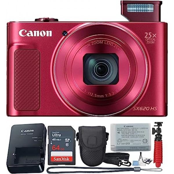 PowerShot SX620 HS Cámara digital Wi-Fi de 20,3 MP con zoom óptico de 40x y video HD 1080p (rojo) Paquete económico de 11 piezas (renovado)