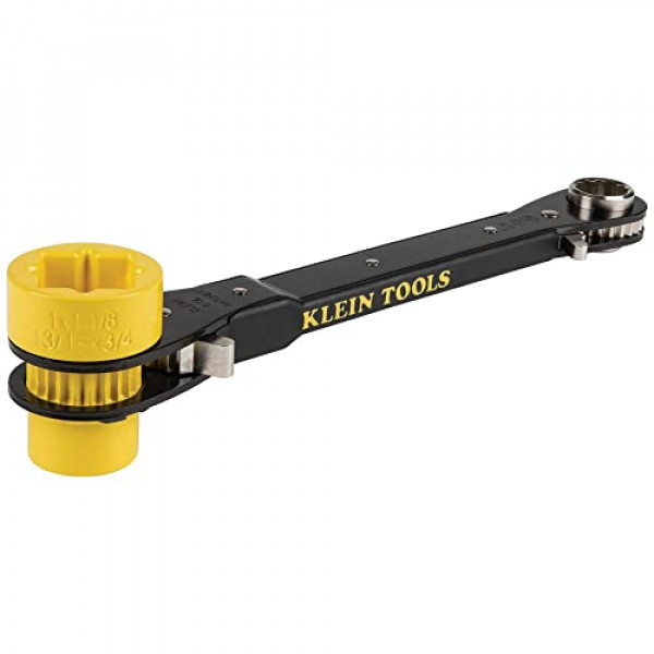 Llave de trinquete de liniero 6 en 1 de alta resistencia Klein Tools KT155HD con diseño pasante por perno y casquillo amarillo brillante