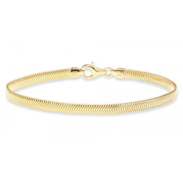 Miabella Pulsera de eslabones de cadena de espiga plana con cúpula de serpiente plana italiana sólida de 4 mm sobre plata de ley de oro de 18 quilates para mujeres y hombres, 925 Italia (longitud 8 pulgadas)