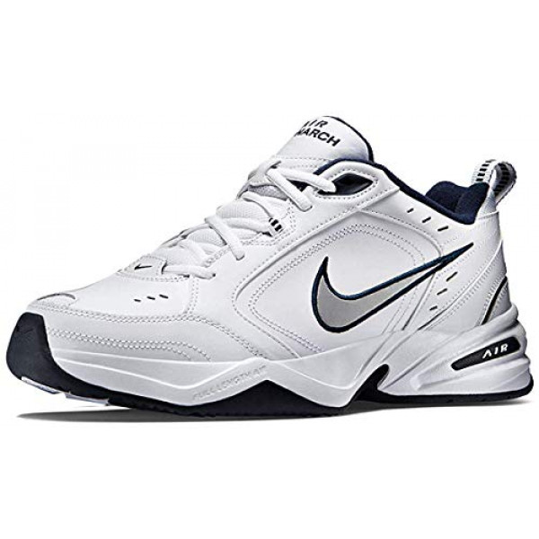 Nike Air Monarch IV Cross Trainer para hombre, blanco/plateado metálico/azul marino medianoche, 10.0 regular US