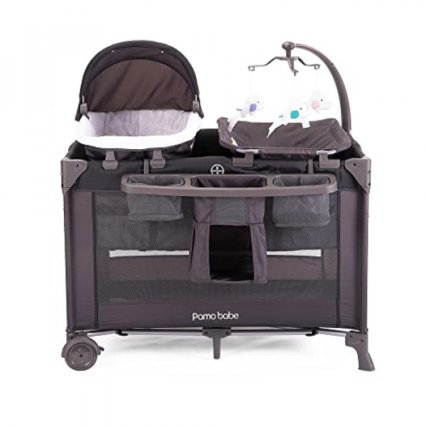 Pamo babe Cuna portátil 4 en 1 para bebé, centro de guardería con dosel extraíble, mesa para cambiar pañales, ruedas con cerradura, bolsa de almacenamiento