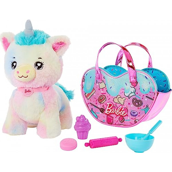 Animales de peluche de Barbie, juguetes de unicornio, unicornio de peluche con bolso con temática de postre y 5 accesorios, Chef Pet Adventure