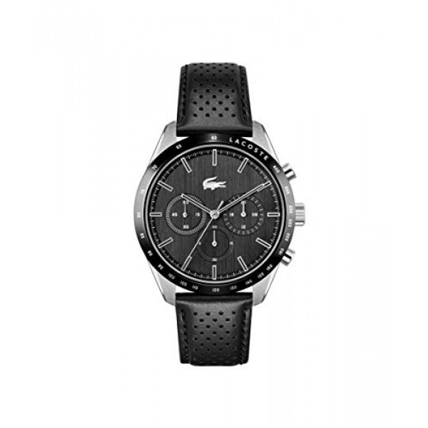 Lacoste Boston Reloj casual cronógrafo de acero inoxidable y correa de cuero para hombre, color: negro (modelo: 2011109)