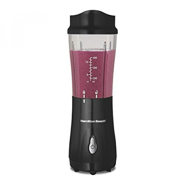 Hamilton Beach Licuadora portátil para batidos y batidos con taza y tapa de viaje sin BPA de 14 onzas, cuchillas de acero inoxidable duraderas para un rendimiento de mezcla potente, negro (51101AV)