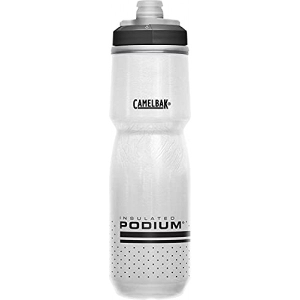 CamelBak Podium Chill Botella de agua aislada para bicicleta - Botella fácil de apretar - Se adapta a la mayoría de jaulas para bicicletas - 24 oz, blanco/negro