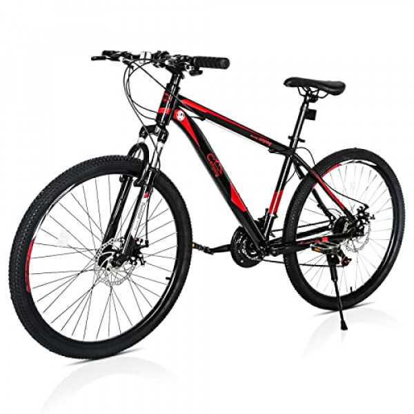 Ktaxon Bicicleta de montaña de 26 pulgadas para hombres y mujeres, bicicleta de montaña de 21 velocidades, freno de disco doble, horquilla de suspensión, marco de acero con alto contenido de carbono (negro/rojo)
