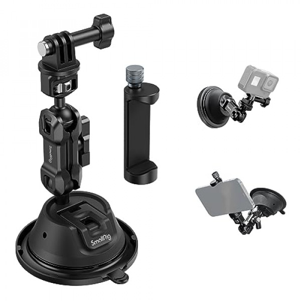 SMALLRIG Soporte de ventosa de doble capa para teléfono inteligente/cámara de acción, soporte para automóvil con soporte para teléfono para iPhone para GoPro para DJI Osmo, rotación de 360 ​​​​° con cabezal de bola doble para ventana de parabrisas de auto