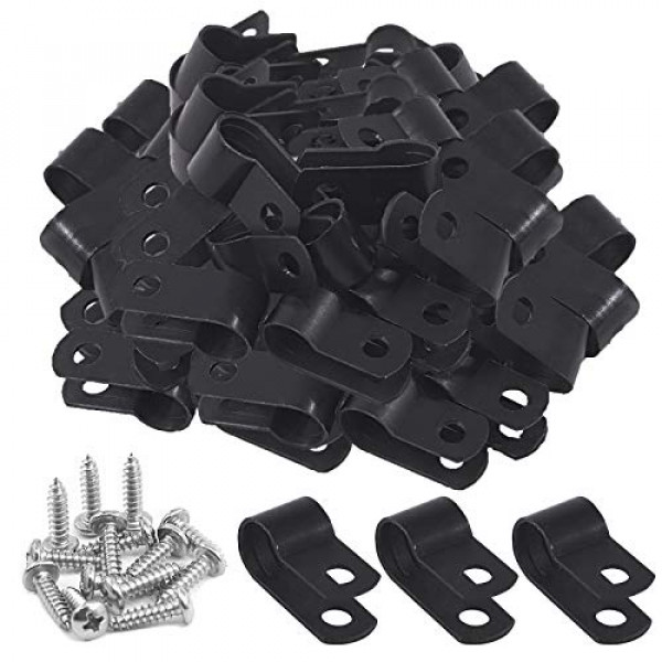 Keadic 120 abrazaderas de cable de nailon negro de 5/16 pulgadas con tornillos de acero inoxidable, abrazaderas de cable de montaje tipo R para gestión de tuberías de alambre