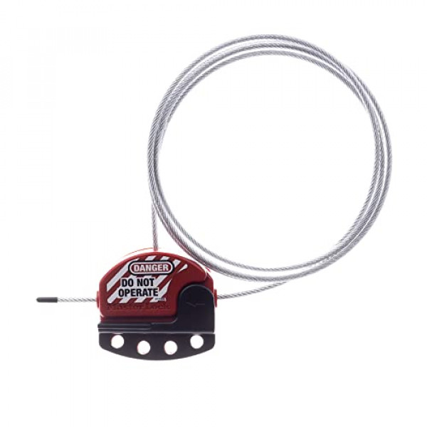 Master Lock S806 Cable de acero con etiqueta de bloqueo ajustable, 5/32 de diámetro, negro/rojo