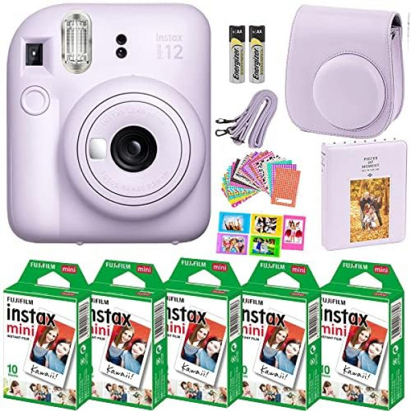 Cámara instantánea Fujifilm Instax Mini 12 con Fujifilm Instant Mini Film (50 hojas) con accesorios que incluyen estuche compatible con correa, álbum de fotos de lentes, pegatinas, paquete de marcos (morado lila)