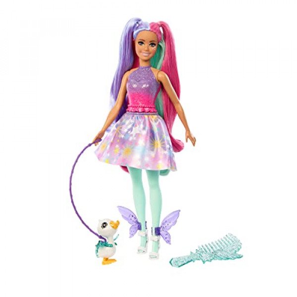 Muñeca Barbie A Touch of Magic y accesorios, el glifo con traje de fantasía, mascota, correa y accesorios de peinado