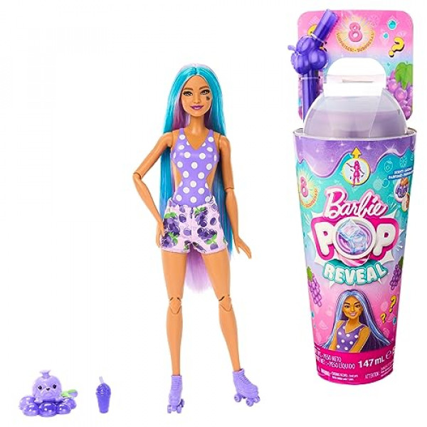 Muñeca Barbie Pop Reveal y accesorios, aroma a uva Fizz con cabello morado, 8 sorpresas que incluyen limo, cambio de color y cachorro