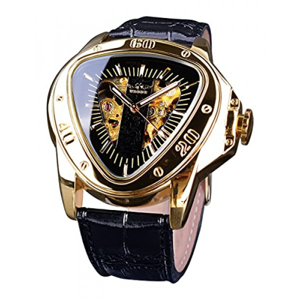 Winner Fashion Reloj de pulsera mecánico con esfera triangular de carreras, esfera esqueleto dorada resistente al agua, movimiento automático, diseño de cuero, reloj mecánico para hombres